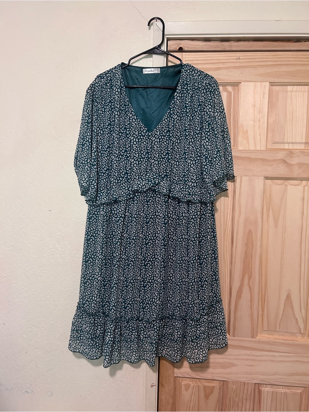 V-Neck Teal Floral Midi Dress with Flutter Sleeves